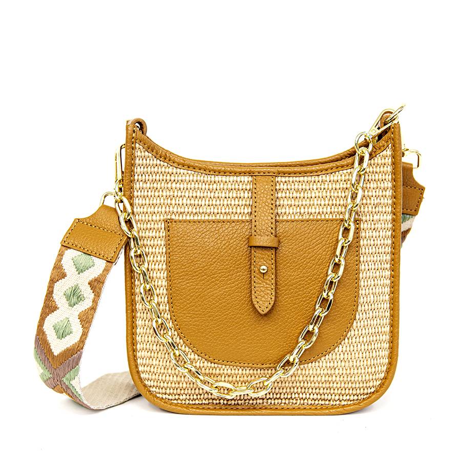 Laura Di Maggio BEA – Borsa in pelle e rafia con tracolla nastro Vendita Calda