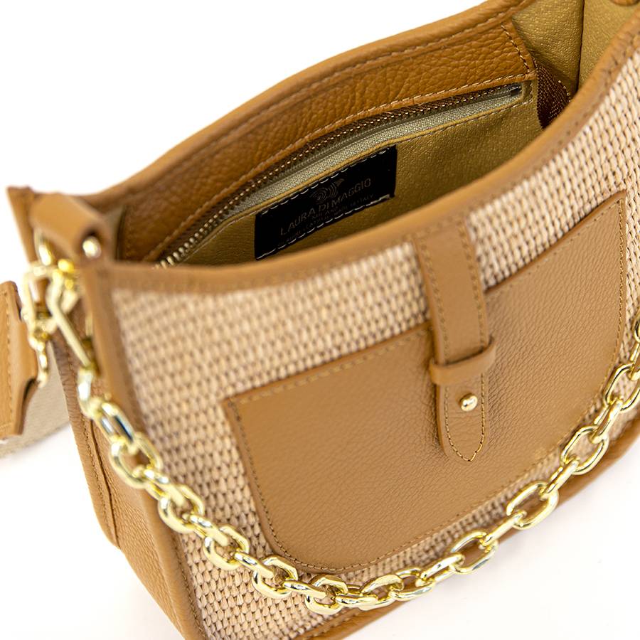 Laura Di Maggio BEA – Borsa in pelle e rafia con tracolla nastro Vendita Calda