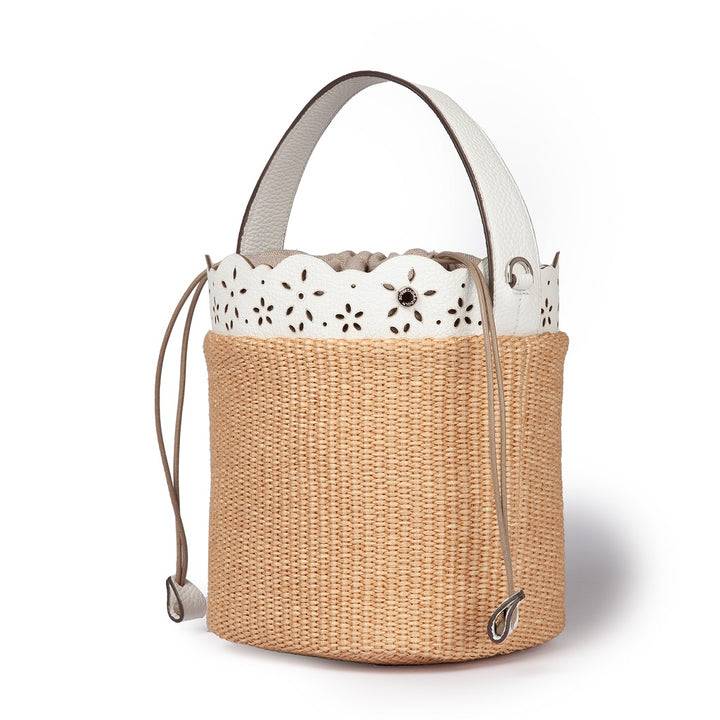 Roberta Gandolfi Diletta Bucket in rafia con balza in pelle laserata con tracolla staccabile I Più Venduti