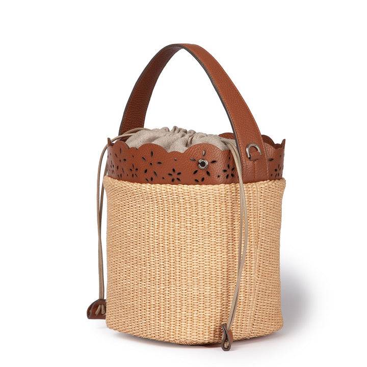 Roberta Gandolfi Diletta Bucket in rafia con balza in pelle laserata con tracolla staccabile Vendite Flash