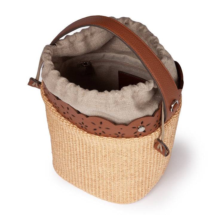 Roberta Gandolfi Diletta Bucket in rafia con balza in pelle laserata con tracolla staccabile Vendite Flash