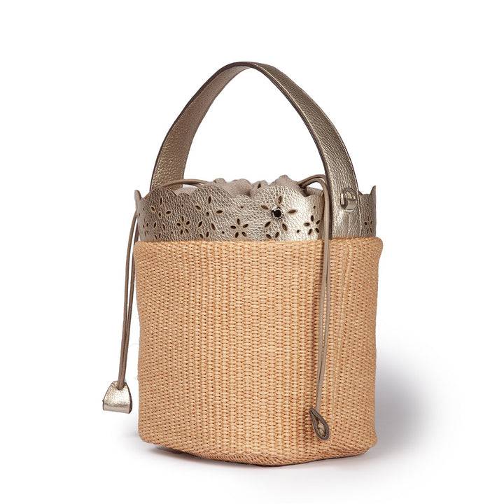 Roberta Gandolfi Diletta Bucket in rafia con balza in pelle laserata con tracolla staccabile Negozio