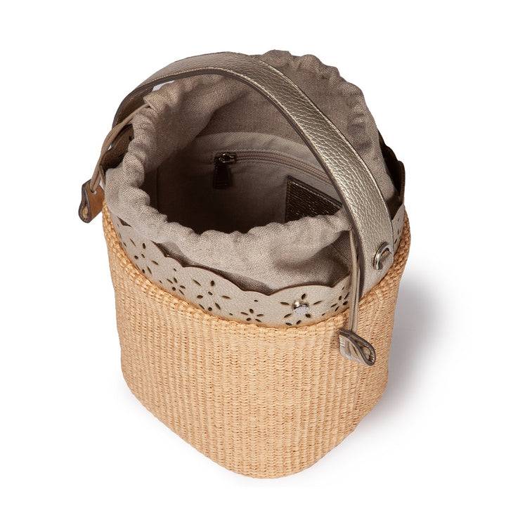 Roberta Gandolfi Diletta Bucket in rafia con balza in pelle laserata con tracolla staccabile Negozio