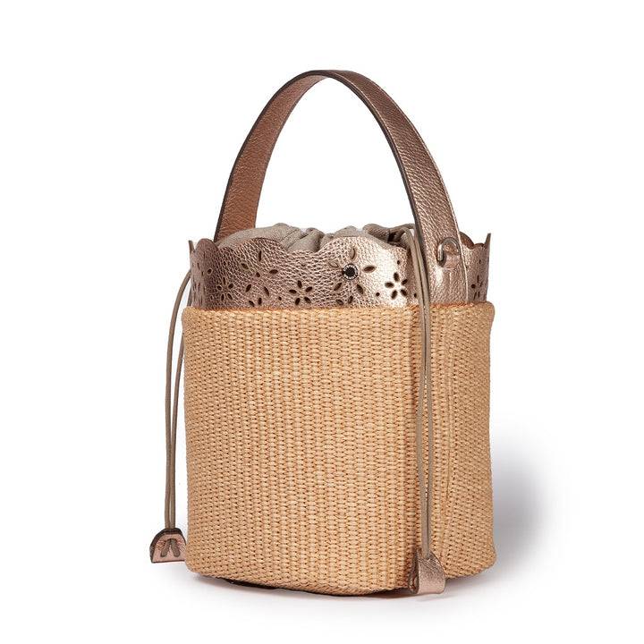 Roberta Gandolfi Diletta Bucket in rafia con balza in pelle laserata con tracolla staccabile In Saldo