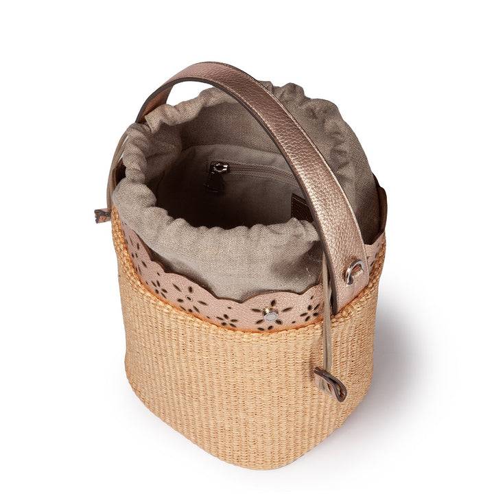 Roberta Gandolfi Diletta Bucket in rafia con balza in pelle laserata con tracolla staccabile In Saldo