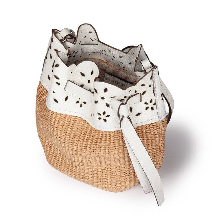 Roberta Gandolfi Diletta Mini Bucket in rafia con balza in pelle laserata con tracolla staccabile Nuova