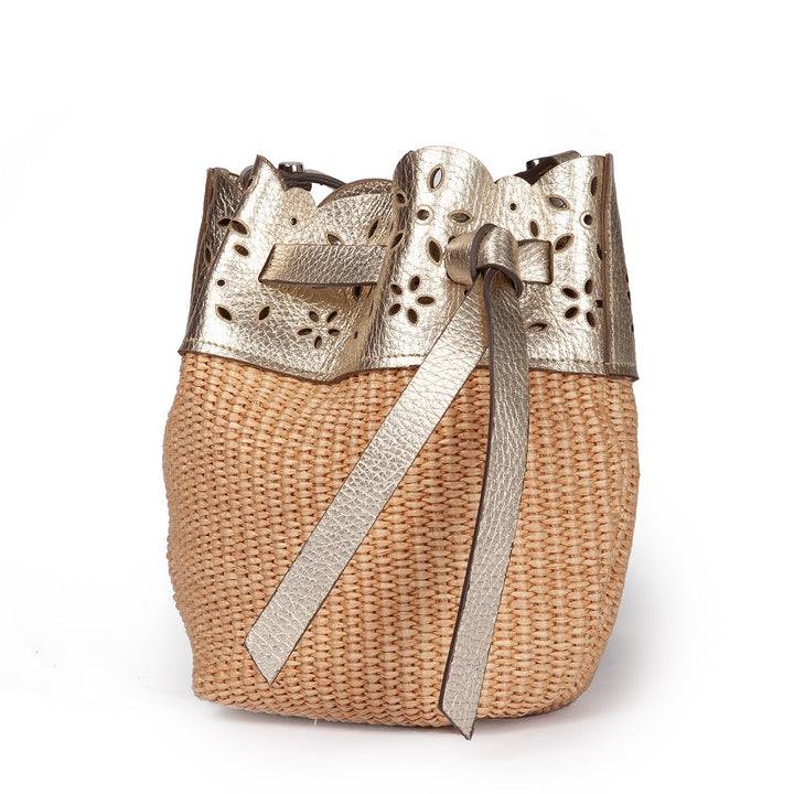 Roberta Gandolfi Diletta Mini Bucket in rafia con balza in pelle laserata con tracolla staccabile Moda