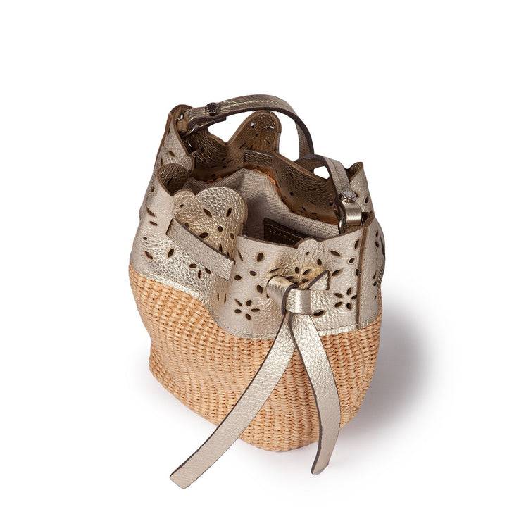 Roberta Gandolfi Diletta Mini Bucket in rafia con balza in pelle laserata con tracolla staccabile Moda