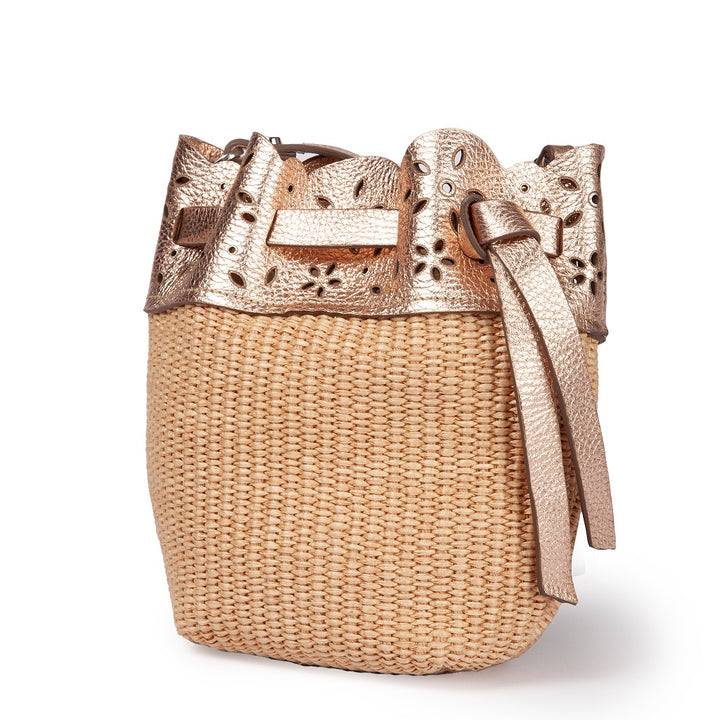 Roberta Gandolfi Diletta Mini Bucket in rafia con balza in pelle laserata con tracolla staccabile 2025