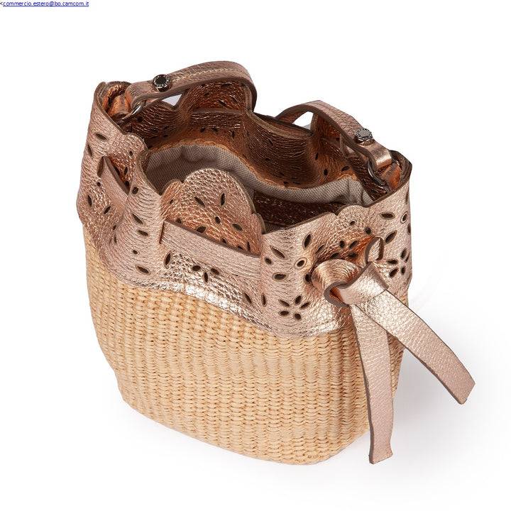 Roberta Gandolfi Diletta Mini Bucket in rafia con balza in pelle laserata con tracolla staccabile 2025