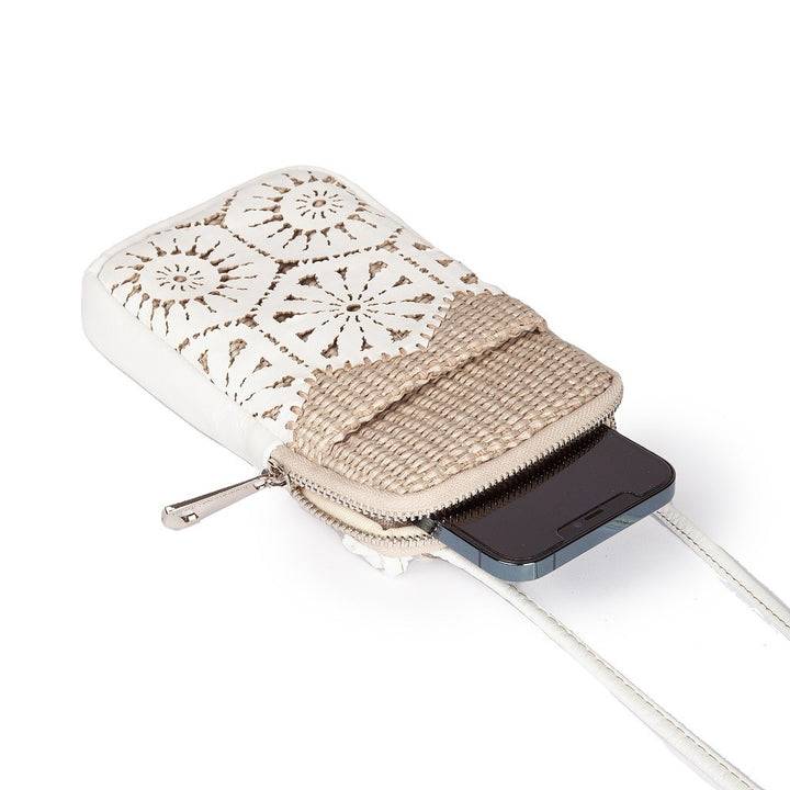Roberta Gandolfi Giulia phone holder in rafia e pelle il pannello tagliato al laser è interamente cucito a mano con tracolla staccabile Outlet