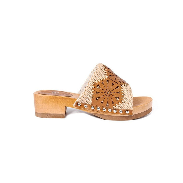Roberta Gandolfi Sandalo Giulia platform in legno e tomaia in rafia e pelle di vitello laserata con disegno pizzo geometrico Vendita Economica