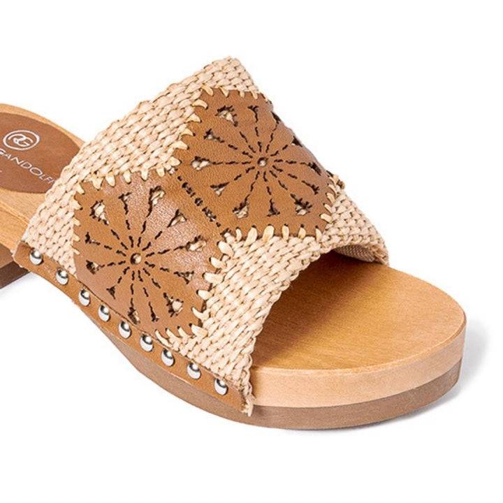 Roberta Gandolfi Sandalo Giulia platform in legno e tomaia in rafia e pelle di vitello laserata con disegno pizzo geometrico Vendita Economica