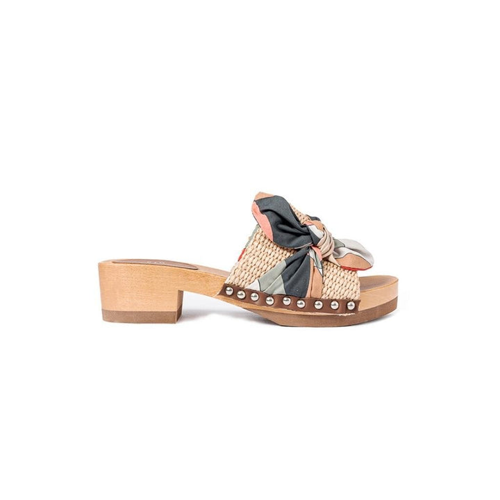 Roberta Gandolfi Lola Sixty sandali in legno con rafia e pelle di vitello con fiocco stampa sixty Saldi Di Fabbrica