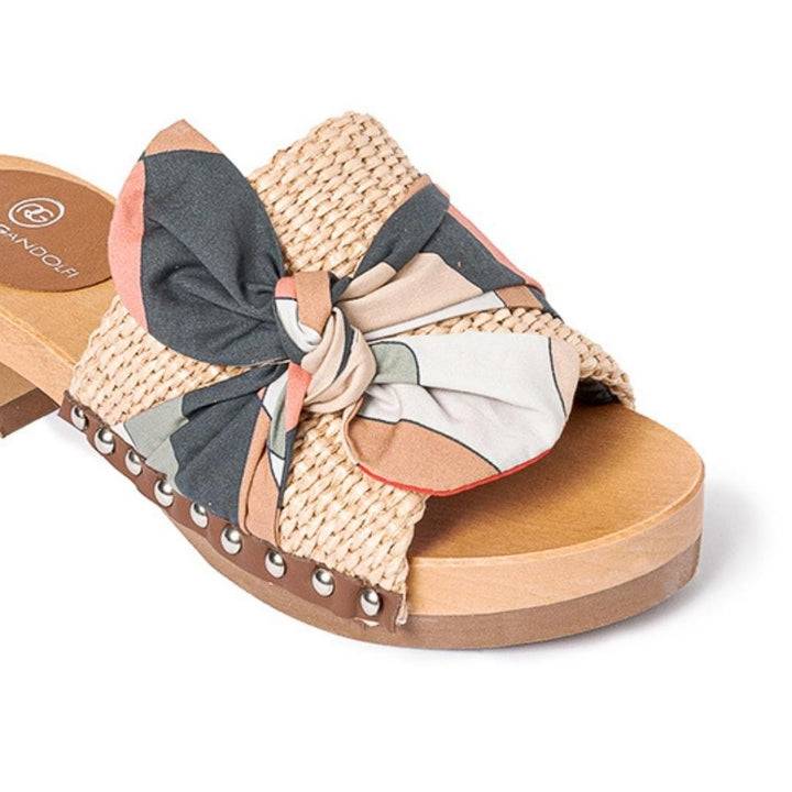 Roberta Gandolfi Lola Sixty sandali in legno con rafia e pelle di vitello con fiocco stampa sixty Saldi Di Fabbrica
