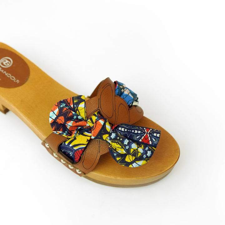Roberta Gandolfi Lola Chain sandali in legno e pelle di vitello con fiocco stampa african Negozio