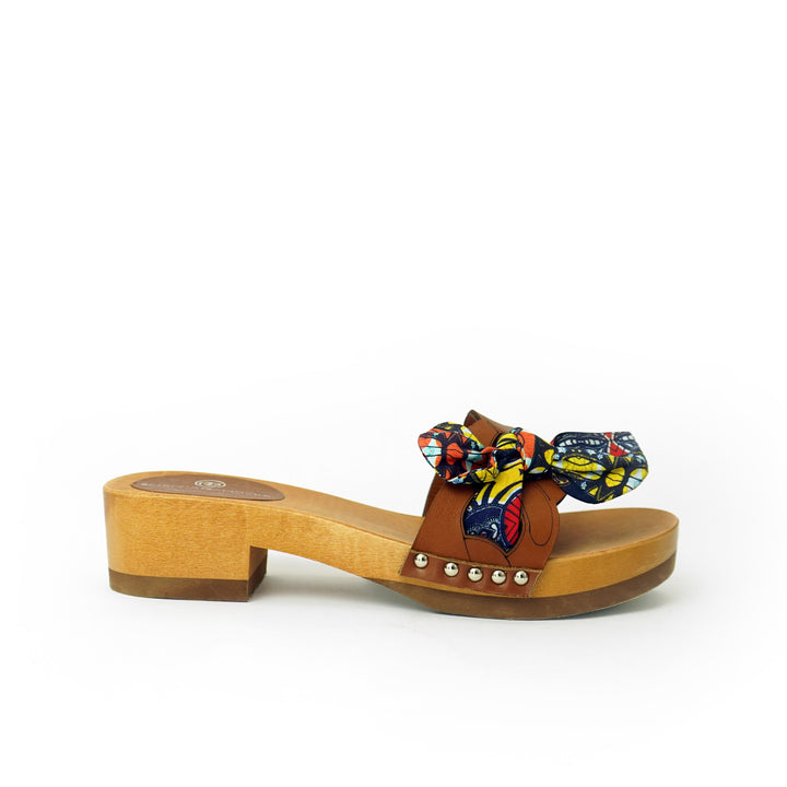 Roberta Gandolfi Lola Chain sandali in legno e pelle di vitello con fiocco stampa african Negozio