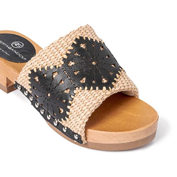 Roberta Gandolfi Sandalo Giulia platform in legno e tomaia in rafia e pelle di vitello laserata con disegno pizzo geometrico In Saldo