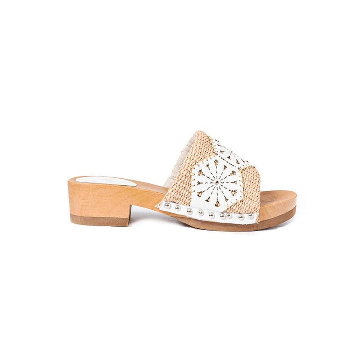 Roberta Gandolfi Sandalo Giulia platform in legno e tomaia in rafia e pelle di vitello laserata con disegno pizzo geometrico Nuova