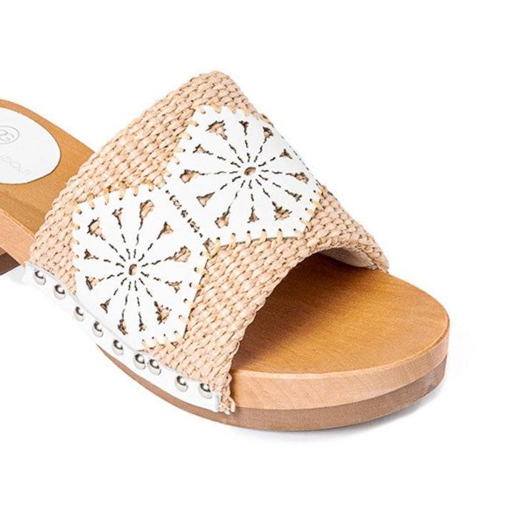 Roberta Gandolfi Sandalo Giulia platform in legno e tomaia in rafia e pelle di vitello laserata con disegno pizzo geometrico Nuova