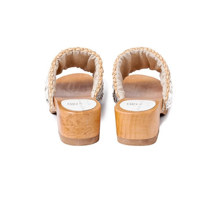 Roberta Gandolfi Sandalo Giulia platform in legno e tomaia in rafia e pelle di vitello laserata con disegno pizzo geometrico Nuova