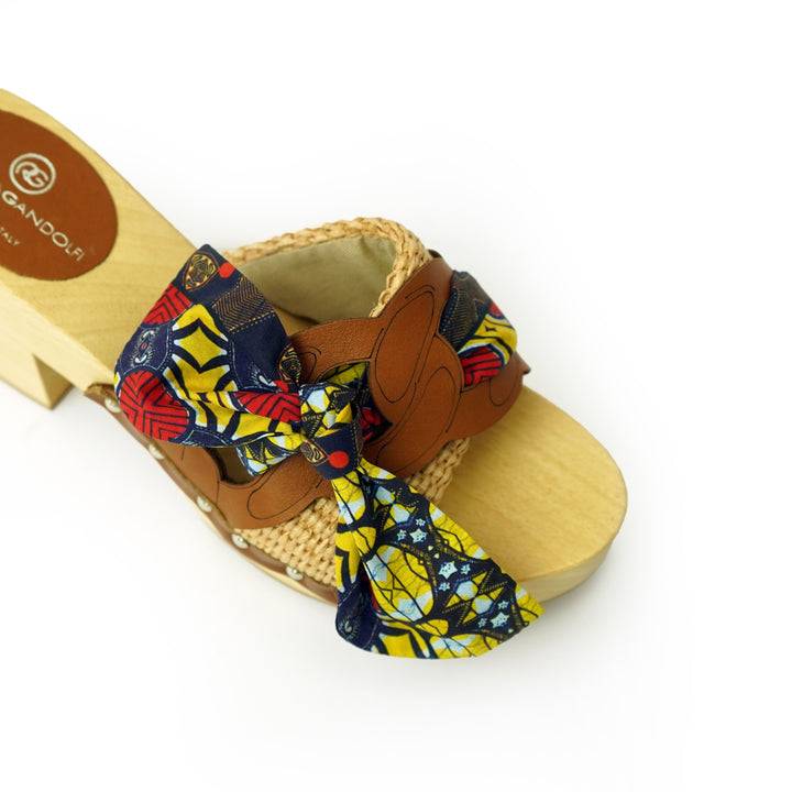 Roberta Gandolfi Diva Chain sandali in legno incrociato con platform in rafia e fiocco stamap african 2025