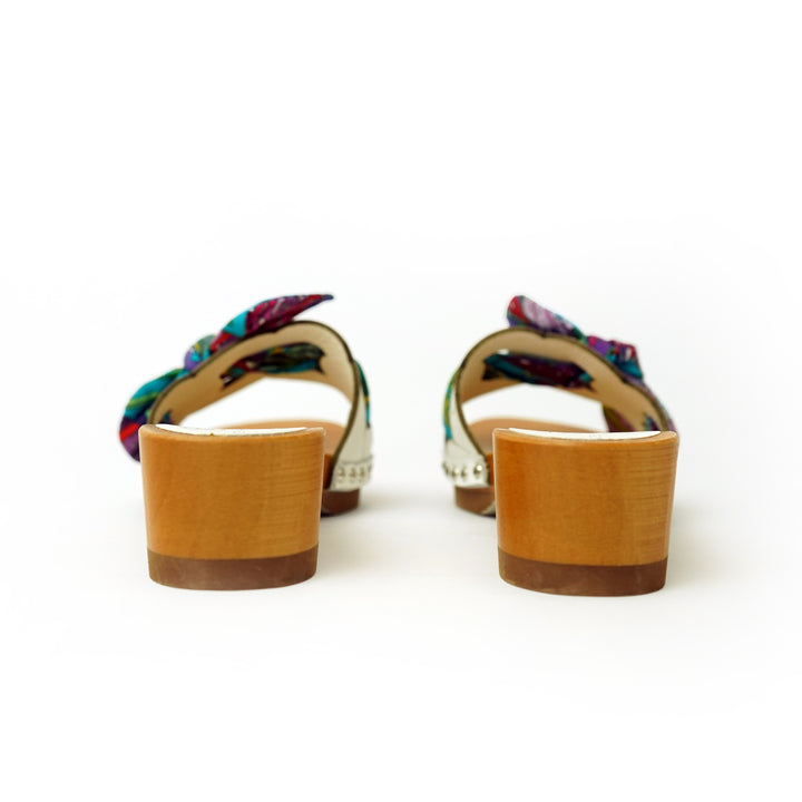 Roberta Gandolfi Lola Chain sandali in legno e pelle di vitello con fiocco stampa tropical Italy