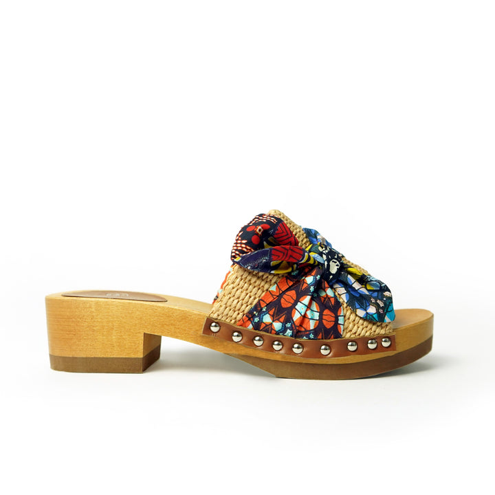 Roberta Gandolfi Lola Sabot sandali in legno con rafia e pelle di vitello con fiocco stampa african Online Outlet