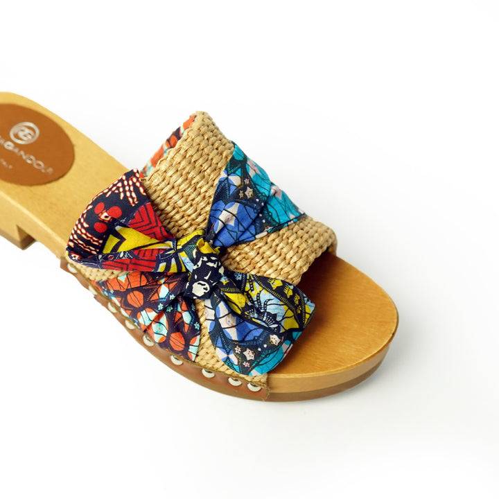 Roberta Gandolfi Lola Sabot sandali in legno con rafia e pelle di vitello con fiocco stampa african Online Outlet