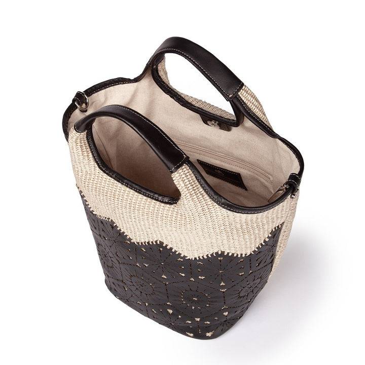 Roberta Gandolfi Giulia Handbag in rafia e pelle il pannello tagliato al laser è interamente cucito a mano con tracolla staccabile Nuovo