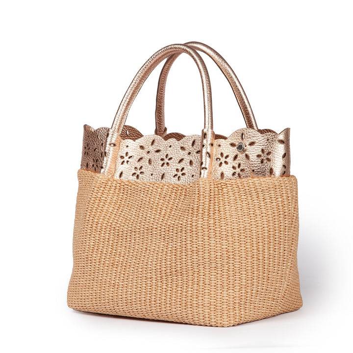Roberta Gandolfi Diletta Handbag in rafia con balza in pelle laserata con tracolla staccabile Offerta