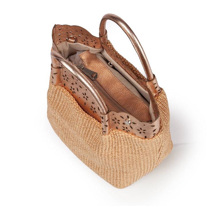 Roberta Gandolfi Diletta Handbag in rafia con balza in pelle laserata con tracolla staccabile Offerta