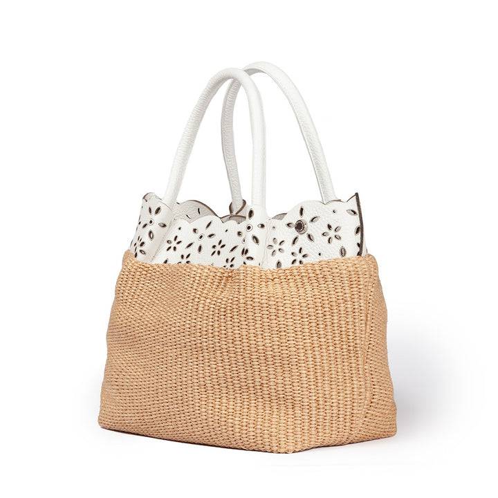 Roberta Gandolfi Diletta Handbag in rafia con balza in pelle laserata con tracolla staccabile Economico