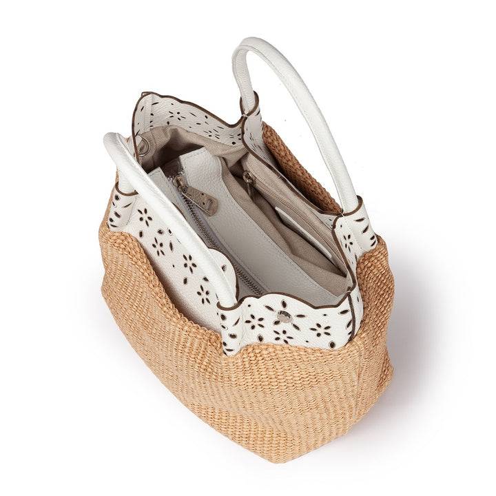 Roberta Gandolfi Diletta Handbag in rafia con balza in pelle laserata con tracolla staccabile Economico