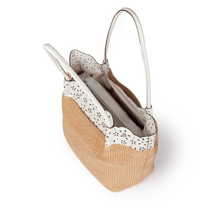 Roberta Gandolfi Diletta Shopping - Tote in rafia con balza in pelle laserata con tracolla staccabile Promozione Limitata