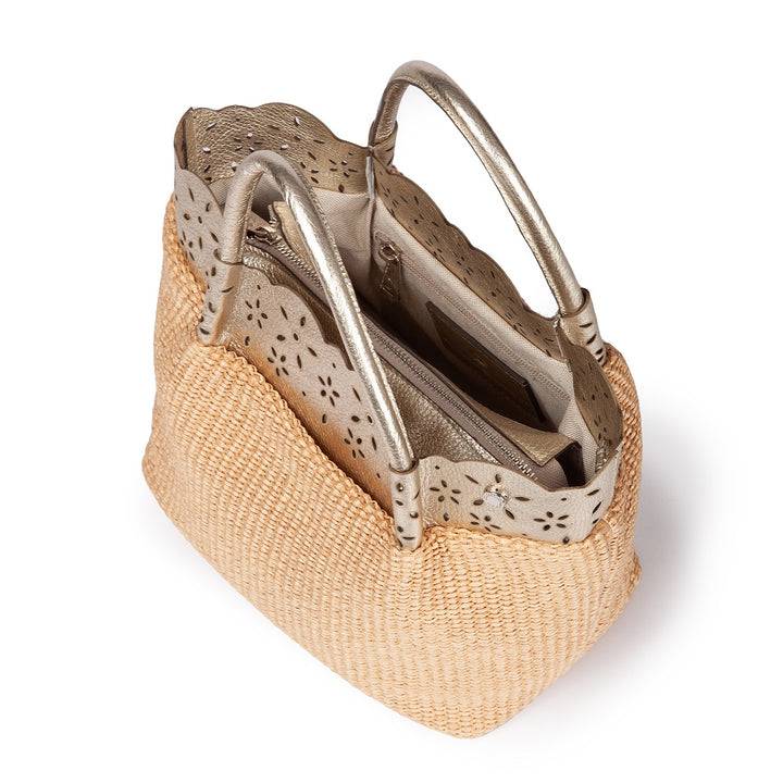 Roberta Gandolfi Diletta Handbag in rafia con balza in pelle laserata con tracolla staccabile Shopping Online
