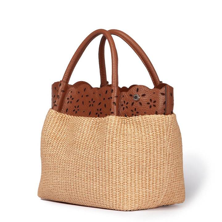 Roberta Gandolfi Diletta Handbag in rafia con balza in pelle laserata con tracolla staccabile Affare Del Giorno