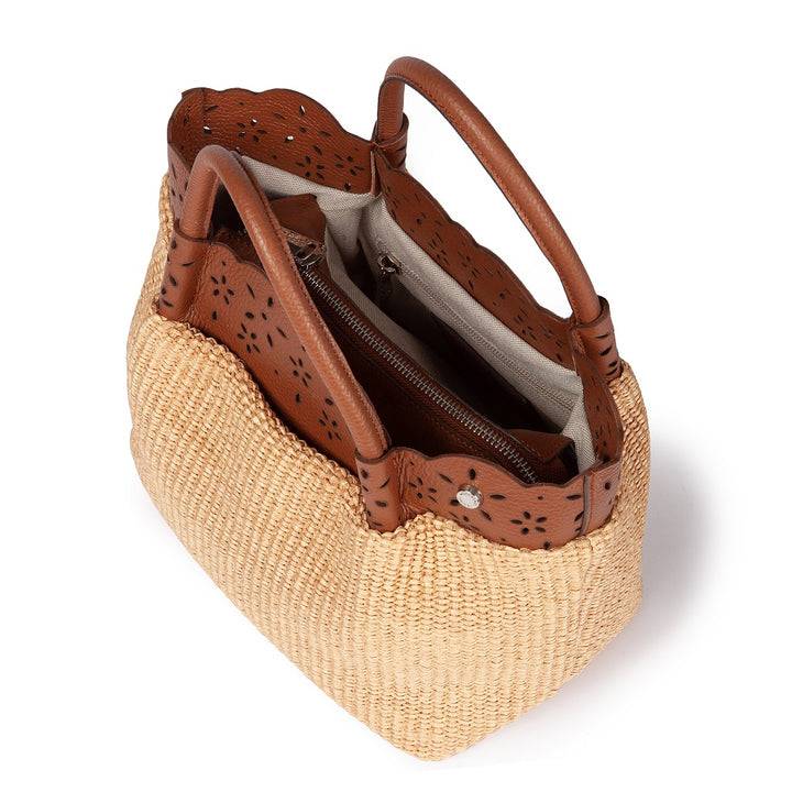 Roberta Gandolfi Diletta Handbag in rafia con balza in pelle laserata con tracolla staccabile Affare Del Giorno