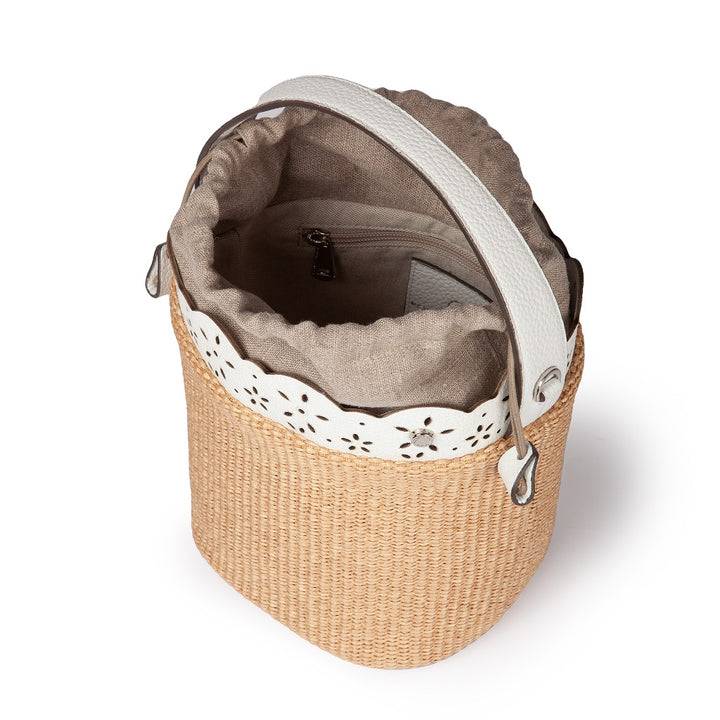 Roberta Gandolfi Diletta Bucket in rafia con balza in pelle laserata con tracolla staccabile I Più Venduti