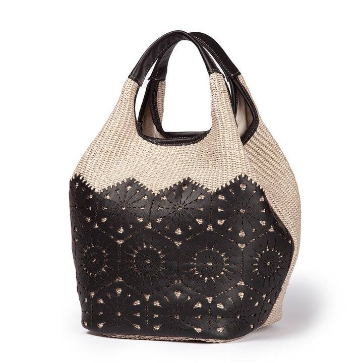 Roberta Gandolfi Giulia Handbag in rafia e pelle il pannello tagliato al laser è interamente cucito a mano con tracolla staccabile 50% di sconto per tempo limitato