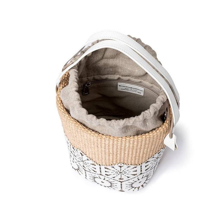 Roberta Gandolfi Giulia Bucket in rafia e pelle il pannello tagliato al laser è interamente cucito a mano con tracolla staccabile Sconti questo mese