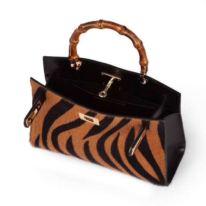 Roberta Gandolfi Lola Pony small borsa in pelle stampa animalier con manico in vero legno di bambù e tracolla staccabile In Linea