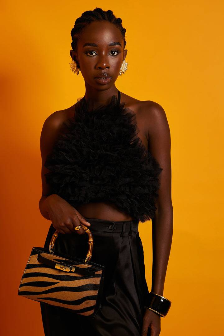 Roberta Gandolfi Lola Pony small borsa in pelle stampa animalier con manico in vero legno di bambù e tracolla staccabile In Linea