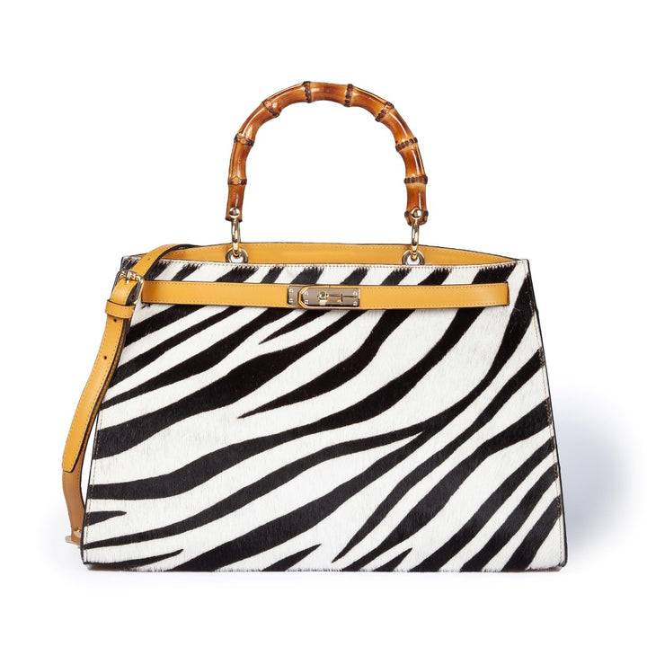 Roberta Gandolfi Lola Pony Large borsa in pelle stampa animalier con manico in vero legno di bambù e tracolla staccabile Nuovo
