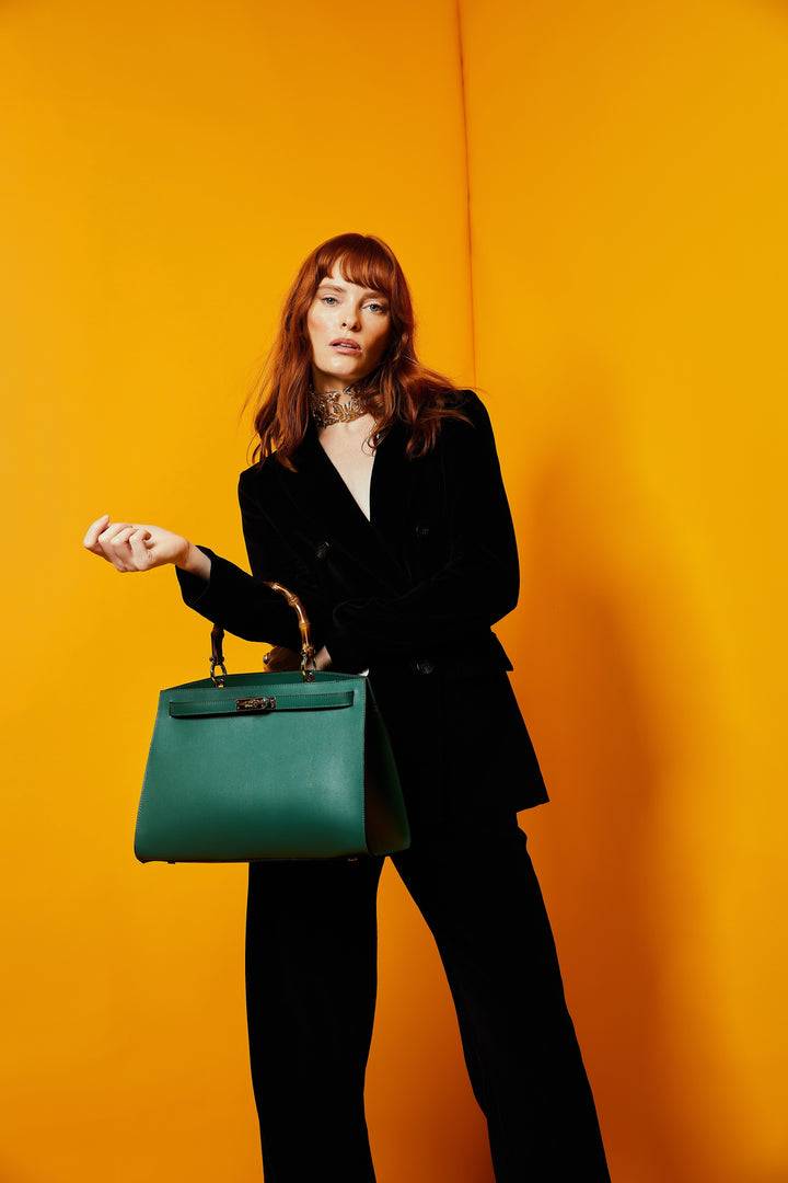 Roberta Gandolfi Lola Pony Large borsa in pelle stampa animalier con manico in vero legno di bambù e tracolla staccabile Nuovo