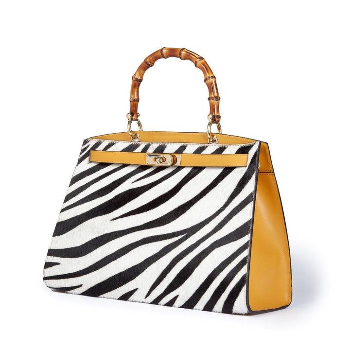 Roberta Gandolfi Lola Pony Large borsa in pelle stampa animalier con manico in vero legno di bambù e tracolla staccabile Nuovo