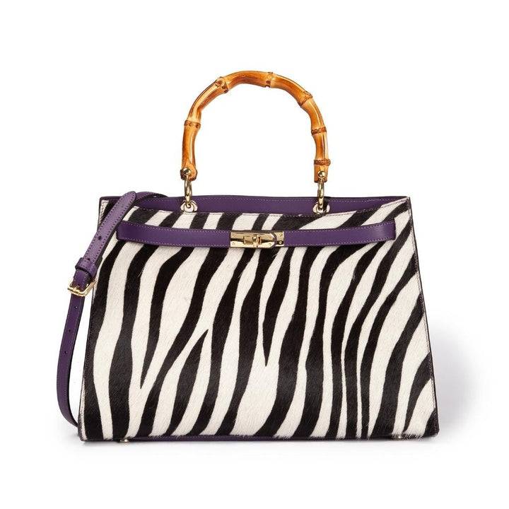 Roberta Gandolfi Lola Pony Large borsa in pelle stampa animalier con manico in vero legno di bambù e tracolla staccabile