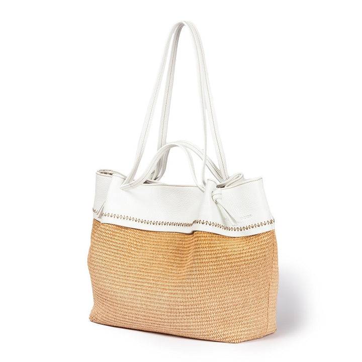 Roberta Gandolfi Ambra large borsa a mano o shopping in rafia e pelle martellata Presa