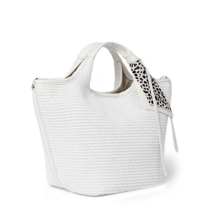 Roberta Gandolfi Beatrice Handbag in raffia con finiture in pelle con dettaglio animalier e tracolla staccabile In Vendita