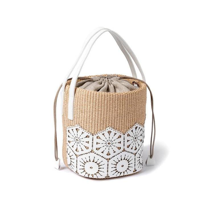 Roberta Gandolfi Giulia Bucket in rafia e pelle il pannello tagliato al laser è interamente cucito a mano con tracolla staccabile Offerte